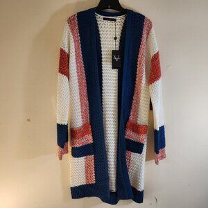 NWT Vertigo Colorblock Longline Cardigan Sweater Size Large, Denim Combo